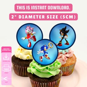 Sonic Printable Cupcake Toppers | 2" 12pcs Printable Digital File | PDF & PNG | Instant Download Party Decor