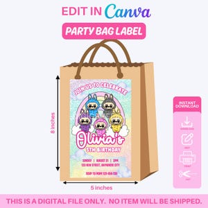 Labubu Party Bag Label Template 5x8 | Canva Editable | Instant Download | Text Editable Only | Digital Printable Favor Bag Sticker