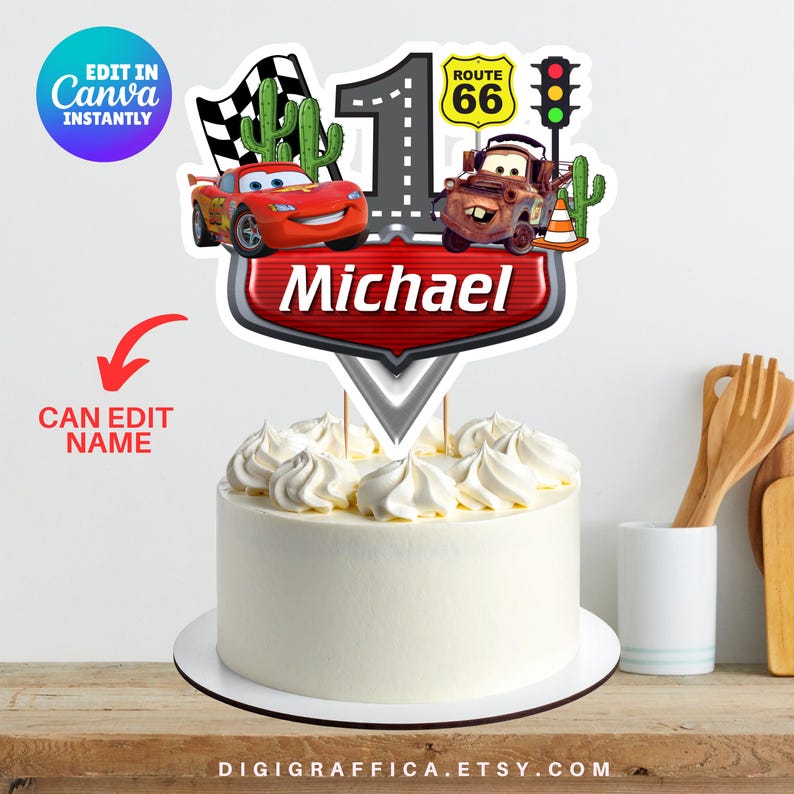 Editable Cars Birthday Cake Topper Canva Template, DIY Boy Cake Decor ...