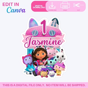 Puede incluir: Un diseño digital rosa y blanco para una fiesta de cumpleaños con el nombre "Jasmine" y el número "1". El diseño incluye personajes de dibujos animados y el texto "Edit in Canva" y "Digital Download".