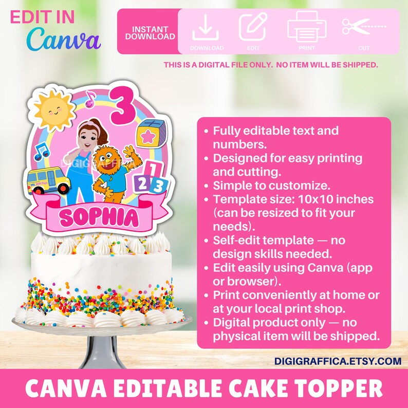 Custom Cake Topper Printable, Editable Party Decoration Template, DIY
