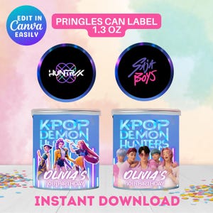 May include: Two Pringles can labels with KPOP-themed designs. One features a group of girls, the other a group of boys, with the text "OLIVIA'S 10th BIRTHDAY". The labels also include the text "KPOP DEMON HUNTERS" and "INSTANT DOWNLOAD".