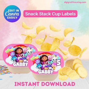 May include: Pink snack stack cup labels featuring Gabby and friends, with the text "Gabby" and the number "5". The image includes potato crisps and the text "Instant Download". The labels are designed to be edited in Canva.