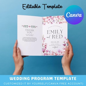 Canva Editable Pink Floral Wedding Program Template, Instant Download Wedding Invitation, Printable Invitations
