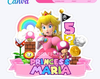 Editable Princess Peach Printable Birthday Cake Topper, Editable Canva Party Decor (Digital Download), 042