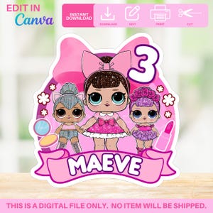 May include: A pink digital birthday party invitation featuring three doll-like characters. The design includes the number 3, the name "MAEVE", and decorative elements. The text "EDIT IN Canva" and download instructions are also visible.