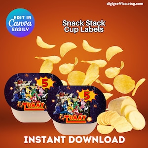 May include: Snack Stack Cup Labels with a Power Rangers theme. The labels feature a colourful design with the word "Tommy" and the number "5". The image also includes potato crisps and the text "Instant Download".