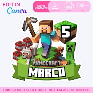 Decorazione per torta a tema giocatore modificabile con Canva, compleanno Minecrafter, decorazione per torta a tema giocatore, file digitale fai da te stampabile, download immediato in PDF