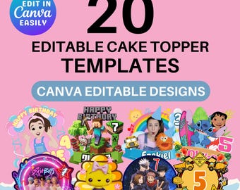 20 Canva Cake Topper Templates | Kids Birthday Party Decor (Digital Download)