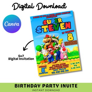 Bewerkbare digitale Mario Super-verjaardagsuitnodiging | Bewerkbare canvassjabloon | Digitale uitnodiging direct downloaden | Verjaardagstopper gamer