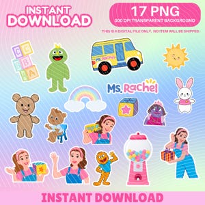 Könnte beinhalten: Eine Sammlung von 17 PNG-Digitalstickern mit Zeichentrickfiguren, einem Schulbus, einem Regenbogen und dem Text "Ms. Rachel". Die Aufkleber sind in verschiedenen Farben und Stilen gehalten, mit dem Text "Sofort-Download".