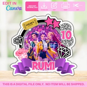 Editable Demon Kpop Warrior Cake Topper Template | Huntrix Theme | Canva Editable | Digital Download | Print at Home Party Decor