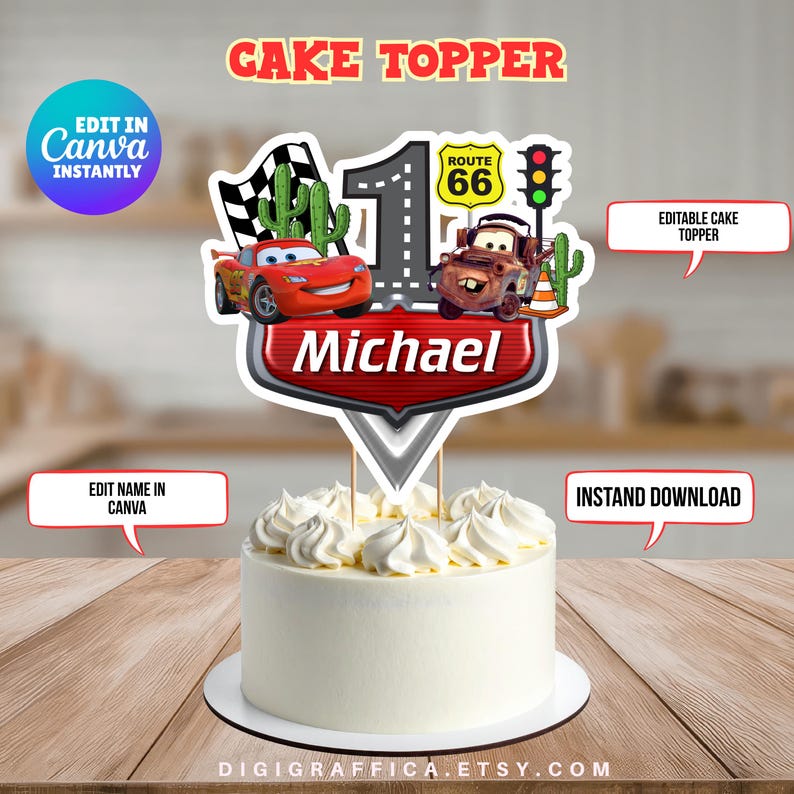 Editable Cars Birthday Cake Topper Canva Template, DIY Boy Cake Decor ...