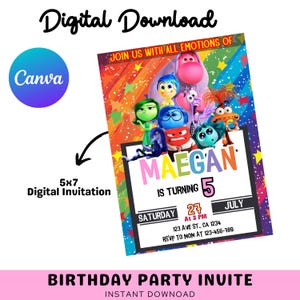 Invitation d'anniversaire colorée d'émotions | Modèle modifiable Canvas | Téléchargement numérique | Invitation fête 5 x 8