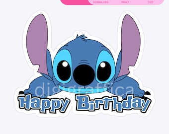 Adorno imprimible editable para pastel de cumpleaños de Stitch, plantilla editable de Canva, decoración para fiestas (descarga digital), 015