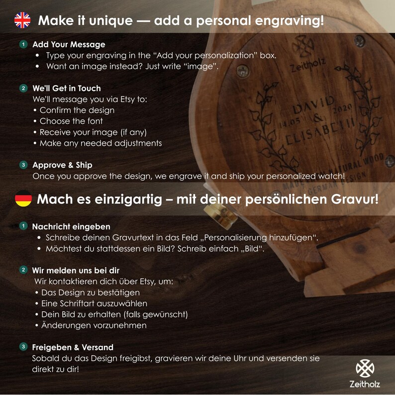 May include: A wooden watch with a personalized engraving. The watch face is made of natural wood and features a custom inscription with the names "David & Elisabeth" and the date "14.05 & 2020". The image includes instructions on how to personalize the watch with a message or image.