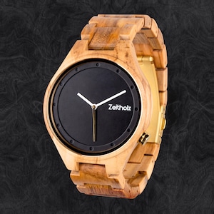 ZEITHOLZ Men&#39;s Wooden Watch – Stolpen Collection – 42mm Analog – Natural Olive Wood – Japanese Quartz Movement – Custom Engraving Available