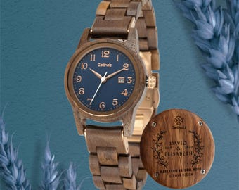 Zeitholz Women’s Wooden Watch – Leuben Indigo 32mm – Japanese Quartz – Calendar – Engraving – Incl. Leather Strap & Gift Box