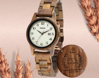 Gravur möglich – Zeitholz Holzuhr Damen – Vintage uhr – Leuben Oyster 32mm – Japanisches Quarzwerk –  inkl. Lederarmband & Geschenkbox
