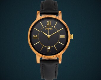 ZEITHOLZ Women’s Wooden Watch – Rosenbach Collection 36mm – Black Leather Strap – Natural Wood – Japanese Quartz – Engraving Available