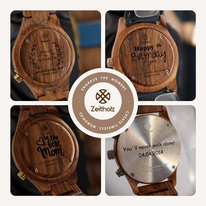 May include: Four wooden wristwatches with different engravings on the back. The engravings include "David & Elisabeth 2020", "Happy 18th Birthday", "To the best Mom", and "You'll never walk alone! 04.04.2014".