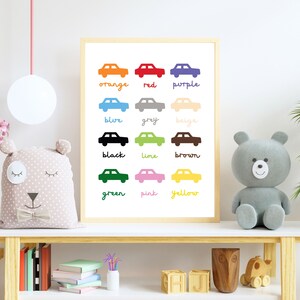 Conjunto de arte de pared para niños, carteles educativos, decoración del aula, colores imprimibles, arte de transporte, impresiones de paredes de automóviles, carteles de la escuela en casa