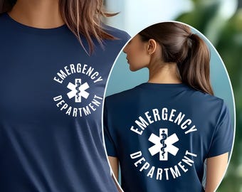 May include: Navy blue t-shirt with the words "EMERGENCY DEPARTMENT" in a circular design, featuring a white medical symbol. The shirt is visible from the front and back, showcasing the design.