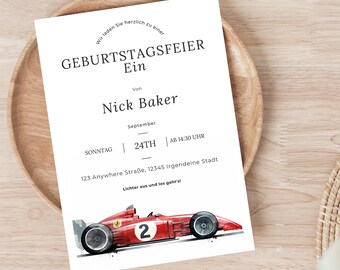 Può includere: Un invito a una festa di compleanno con un'illustrazione di un'auto da corsa rossa. L'invito è per la festa di compleanno di Nick Baker il 24 settembre alle 14:30. L'indirizzo è 123 Anywhere Street, 12345 Irgendeine Stadt. L'invito dice "Lichter aus und los geht's!" che significa "Luci spente e via!" in tedesco.