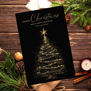 Modelo de árvore de Natal editável moderno minimalista preto e dourado para impressão Cartão de Natal simples editável para impressão Download instantâneo