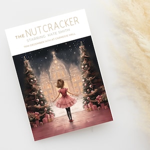May include: A poster advertising a performance of The Nutcracker, starring Kate Smith, at Carnegie Hall on 14th December at 7pm. The poster features a charming illustration of a young girl in a pink dress standing in front of a grand building with two Christmas trees decorated with baubles and lights.