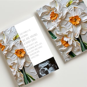 Mois de naissance décembre fleur Le papier blanc ou modèle d'annonce de grossesse Narcisse Téléchargement instantané Carte de visite bébé modifiable Canva