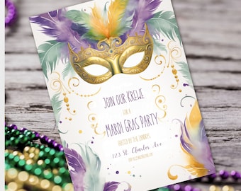 May include: A white invitation with a gold and purple watercolor design featuring feathers and a gold masquerade mask. The text reads "Join our Krewe for a Mardi Gras Party" and includes the party details: "Hosted by the Landry's, 123 St. Charles Ave."