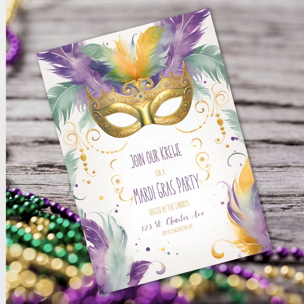 Élégant modèle d'invitation à une soirée mascarade de Mardi Gras - Téléchargement numérique et imprimable pour les célébrations festives du Carnaval