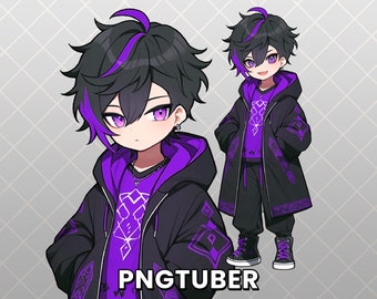 Chibi Anime PNGTuber Avatar - Purple / Black | Y2K Style | 4 Expressions (Veadotube)