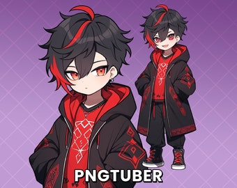 Chibi Anime PNGTuber Avatar – Vyro (Red / Black) | Emo Alt Gamer Style Vtuber | 4 Expressions (Veadotube)