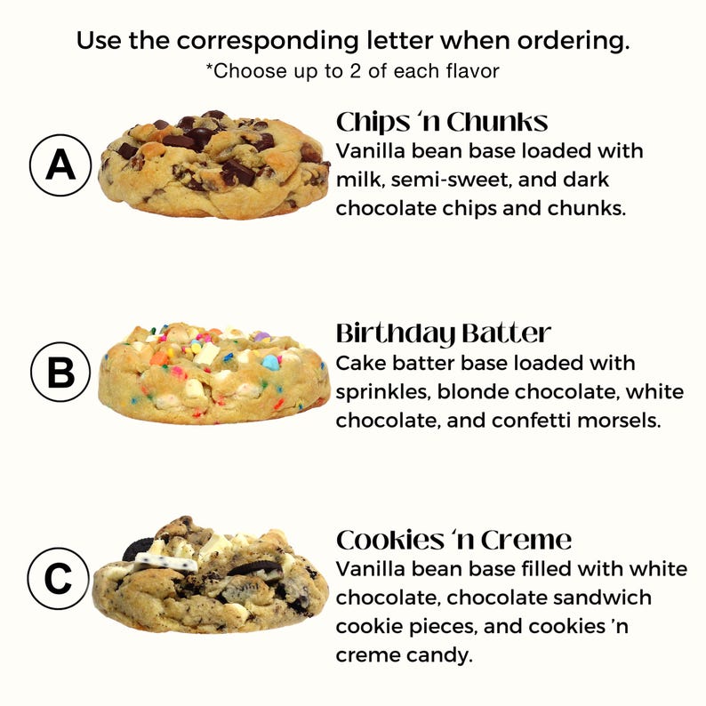 Puede incluir: Tres tipos diferentes de galletas, etiquetadas como A, B y C. La galleta A es Chips 'n Chunks, la galleta B es Birthday Batter y la galleta C es Cookies 'n Creme.