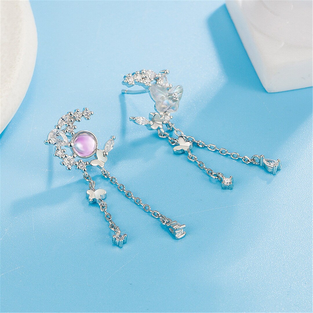 Silver Asymmetric Moon Hanging Earlobe Pendant Earrings Etsy