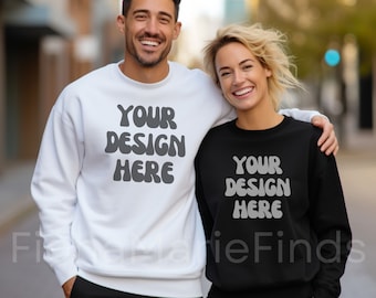 Couple Mockup Bundle, Husband Wife Crewneck Mockup, Black Gildan Bundle-18000 Couple Crewneck Gildan, White Crewneck Sweatshirt Mockup JPG