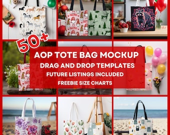 50+ AOP Tote Bag Drag and Drop Mockup Bundle, Canva Frames Bundle Natural Shopping Bag Mockups Print On Demand, Tote Bag Black Handle Mockup