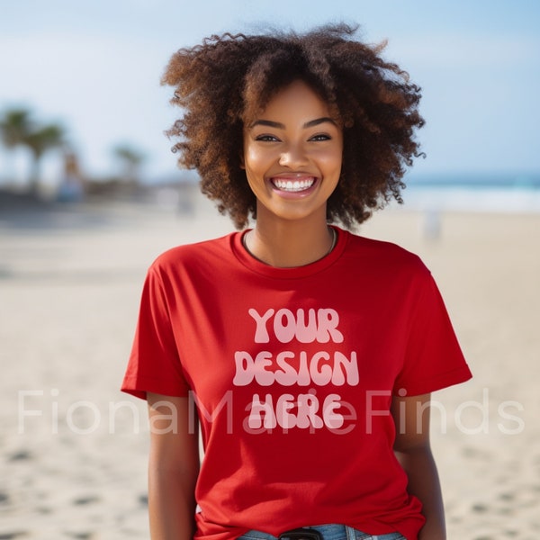 Black Model Mockup, Red Bella Canvas 3001 Shirt Mockup Modern Tshirt Mock Up Styled African American Female Model PNG JPG, African American