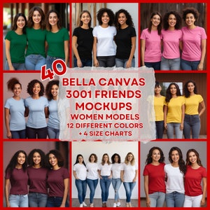 40 人の友人グループ モックアップ バンドル、女の子のグループ T シャツ モックアップ、Bella Canvas 3001 女性グループ T シャツ 独身パーティー モックアップ ガールフレンド 友人