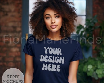 Black Model Mockup, Navy Bella Canvas 3001 Shirt Mockup Modern Tshirt Mock Up Styled African American Female Model PNG JPG, Navy Tee Mockup