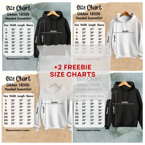 May include: Size chart for Gildan 18500 hooded sweatshirts. The chart shows measurements in inches for width, length, and sleeve length for sizes S through 5XL. The chart is displayed on a black, white, and gray background.