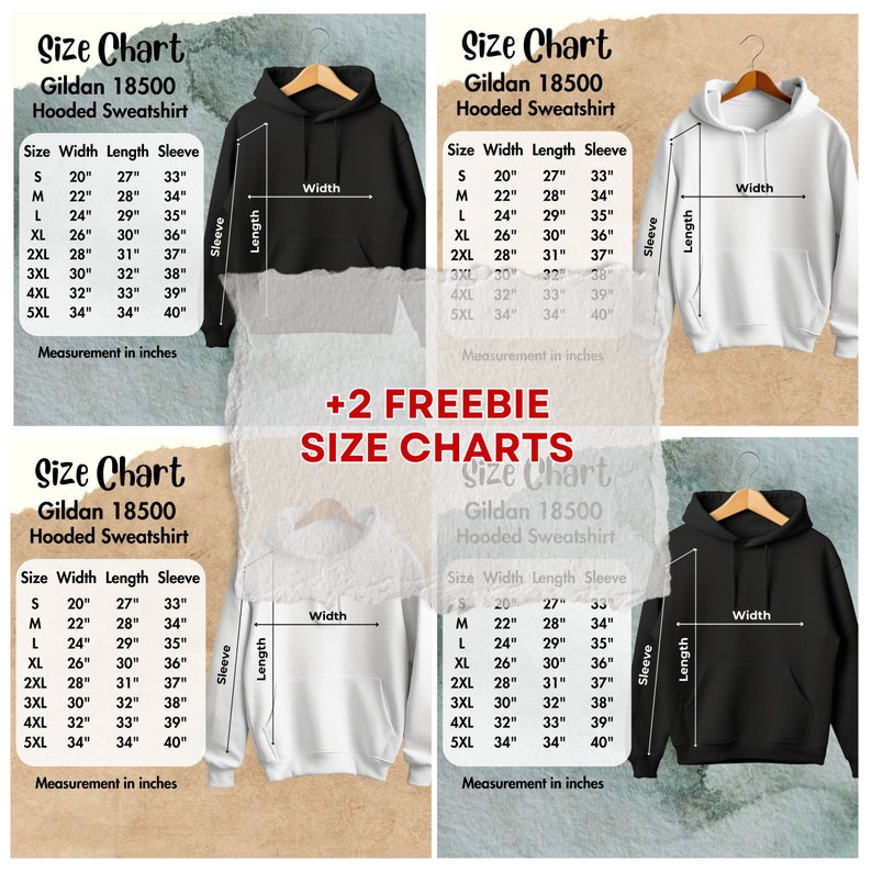 May include: Size chart for Gildan 18500 hooded sweatshirts. The chart shows measurements in inches for width, length, and sleeve length for sizes S through 5XL. The chart is displayed on a black, white, and gray background.