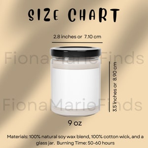 Tabela de tamanhos de maquete de velas, tabela de tamanhos de velas, tabela de tamanhos para impressão de velas de jarro, guia de tabela de tamanhos de velas de soja perfumadas Download digital JPG