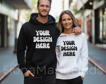 Couple Gildan 18500 Black Hoodie Mockup, Couple Model Gildan 18500, Husband Wife Hoodie Mock, Men Women Hooded White Sweatshirt Mockup POD