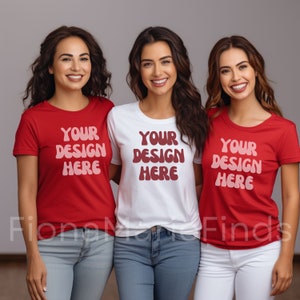友達グループ モックアップ バンドル、女の子のグループ ホワイト T シャツ モックアップ、レッド ベラ キャンバス 3001 モデル モックアップ 女性グループ T シャツ モック デジタル ダウンロード