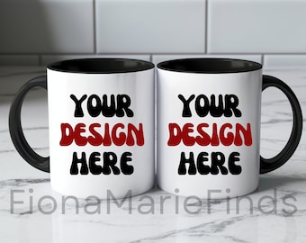 Two Mug Mockups. Black Handle Mug Mockup, 2 White Coffee Mug with Black Handle Mockup Bundle, Coffee Cup Mock Up Styled Stock Photo Template