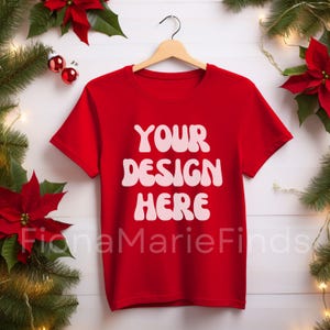 Boho Bella Canvas 3001 Christmas Mockup Bundle, Red Flat Lay Shirt Holiday Mockup, Boho Red Hanging Tshirt Mock-up, POD JPG Digital Download