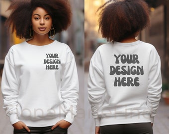 Mockup witte Gildan 18000-sweater: voor- en achterkant (JPG)